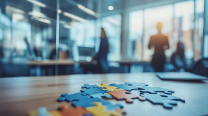 Canvas Print - A close-up of colorful puzzle pieces on a table with blurred figures in a modern office setting, symbolizing teamwork and collaboration.