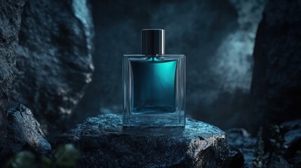 Wall Mural - a glass bottle of blue perfume sits on a rock in a dark, moody setting.