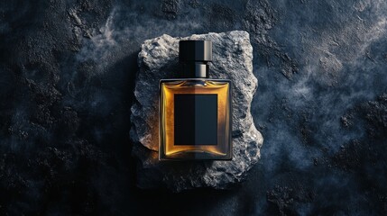 Wall Mural - a glass bottle of perfume with a black label sits on a grey stone against a dark background.