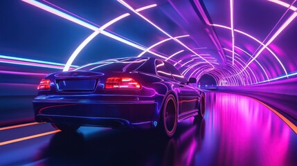 Poster - A sleek black car drives through a neon-lit tunnel.