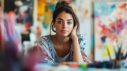 A young European woman sits thoughtfully in her vibrant art studio, surrounded by colorful creations, showcasing her creative expression and artistic passion.