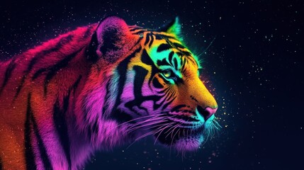 Wall Mural - a vibrant, colorful tiger portrait with a black background and sparkling lights.
