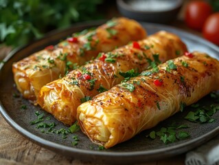 Romanian sarmale cabbage rolls on a simple backdrop, subtly garnished, showcasing traditional culinary artistry and vibrant flavors.