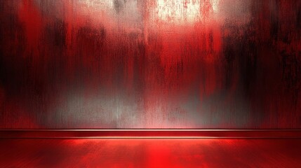 Wall Mural - a dark, red grunge textured wall with a thin light source above, and red floor with a subtle light r