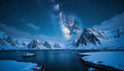 Milky Way above frozen sea coast and snow covered mountains in winter at night in Lofoten Islands
