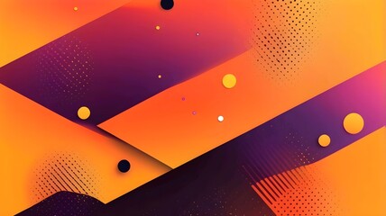 Abstract neon color gradient pattern with Memphis geometric dot and line elements on yellow orange  background