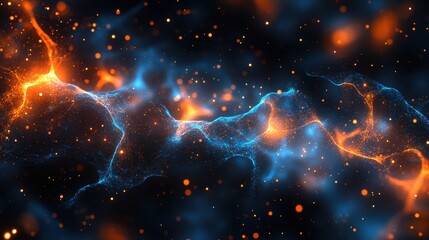 Wall Mural - abstract representation of neurons with glowing blue and orange colors on a black background.
