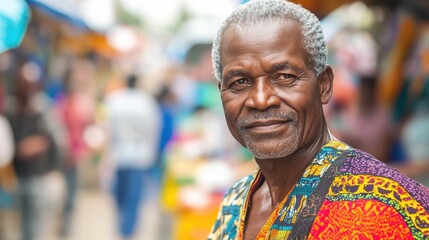 This portrait showcases an elderly African man with gray hair, dressed in colorful clothing. His warm smile reflects the rich culture and community life in a vibrant market setting.