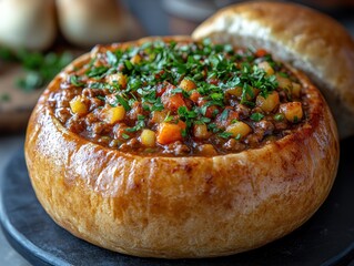 South African bunny chow served in a bread bowl, minimalistic presentation, fresh garnish, inviting and appetizing display