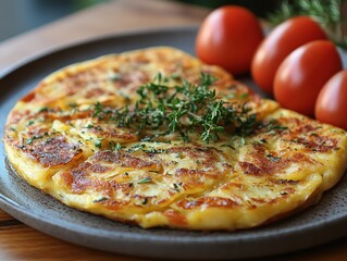 Spanish tortilla served on a rustic plate, simple garnish enhances the dish's authentic charm, inviting culinary delight