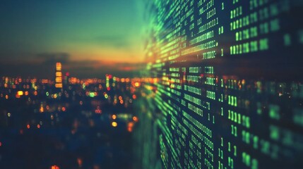 Digital Code Over City Lights   Night Sky  Urban Skyline  Technology  Data  Binary Code