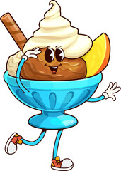 Fototapete - Ice cream sundae groovy character. Cartoon vector delightful dessert bowl, topped with chocolate and creamy swirls, wafer stick and fruit slice. Joyful summer treat personage exudes retro funky vibes