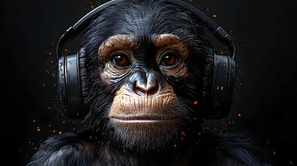 Chimpanzee Wearing Headphones, 3D Illustration