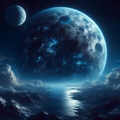 Wall Mural - The sky is dominated by two moons one a deep blue reflecting the