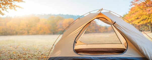 camping tent view during autumn with colorful leaves and gentle sunlight.