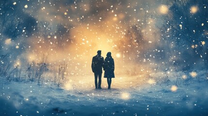 Couple standing together in a winter wonderland and snowflakes falling