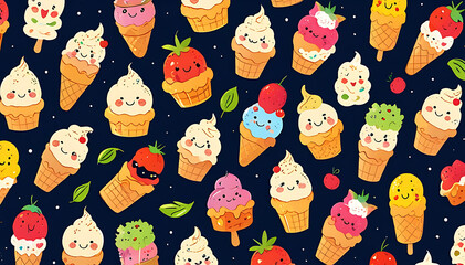 Illustration-Based Background of Food with Faces, Featuring Smiling Ice Creams, Pizzas, and Cupcakes