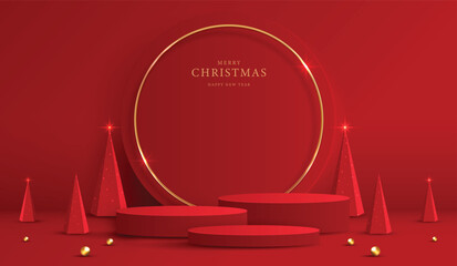 Wall Mural - Podium shape for show cosmetic product display for christmas day or new years. Stand product showcase on red background with lighting christmas. vector design.