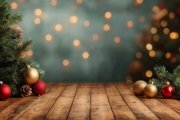 Wall Mural - empty christmas table background with christmas tree out of focus for product display montage