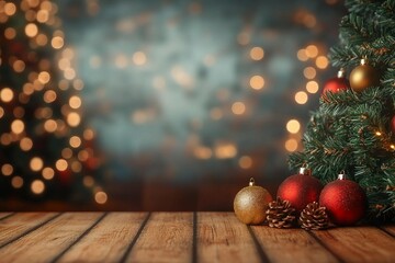 Wall Mural - empty christmas table background with christmas tree out of focus for product display montage