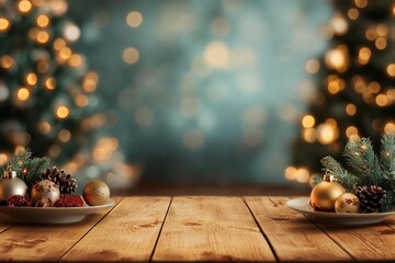 Wall Mural - empty christmas table background with christmas tree out of focus for product display montage