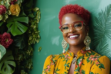 Bright Smile Against a Colorful Floral Background