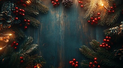 Deep-toned wooden background with pine sprigs and red berries arranged in a cozy, rustic layout, soft warm lighting, open copyspace, hd quality, inviting holiday warmth, natural shadows. --ar 16:9