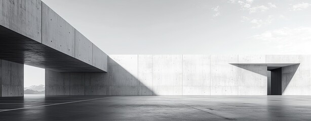 Fototapete - Abstract empty concrete wall background with parking space. Black and white image of an indoor or outdoor car park, with blank space for design