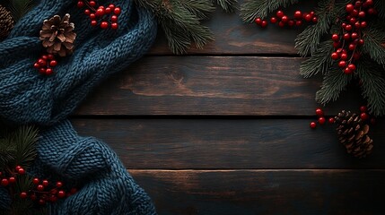 Rustic dark wood background with a knitted scarf, pine branches, and red berries, generous copyspace for text, soft warm holiday lighting, hd clarity, cozy and inviting holiday feel. --ar 16:9