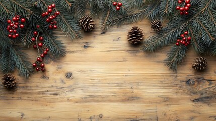 Rustic wooden background with pine branches, red berries, and simple gift wrapping supplies arranged around an open copyspace, soft warm lighting, hd clarity, traditional holiday charm. --ar 16:9