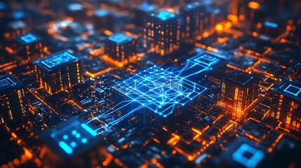 A glowing cityscape of circuit boards and glowing lines represent a digital network and the interconnectedness of modern technology.