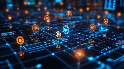 Abstract digital network with glowing icons and lines.