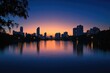 Orlando skyline reflecting in lake eola at dusk with vibrant colors