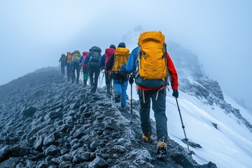 Wall Mural - Mountaineers walking on snowy mountain ridge in the fog