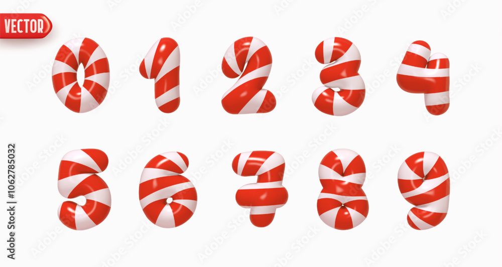 Set of numbers from 0 to 9 in style of Christmas candy cane in ...