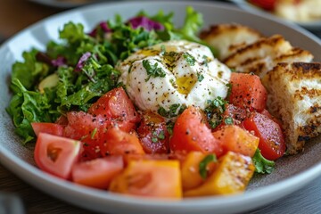 Wall Mural - Delicious burrata salad with tomatoes, toasted bread and fresh herbs