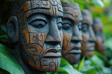 Ancient mayan wooden carved masks representing native american culture