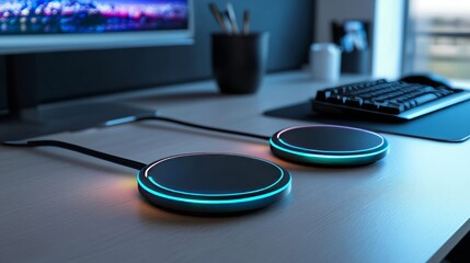 Wireless charging pads on a clean modern desk setup with glowing accents to evoke tech and modernity