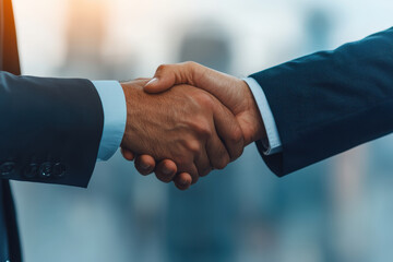 A seasoned sales executive closing a deal with a client, Two business professionals sealing a deal with a handshake, symbolizing partnership and collaboration in a corporate environment.