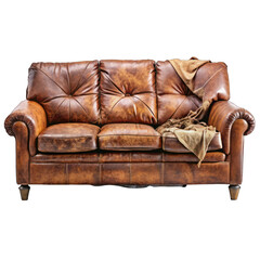 Old torn apart brown sofa isolated on transparent background