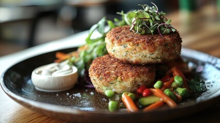 Wall Mural - Delicious crispy vegetable fritters garnished with fresh parsley on rustic plate