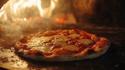 Traditional Italian pizza margherita baking in a wood-fired oven, with bubbling cheese and crispy crust