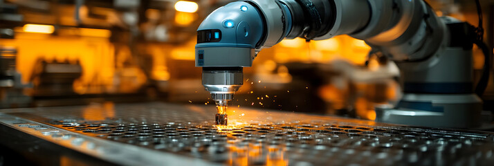 Leinwandbilder - Close-up view of an automated metalworking machine in an industrial factory setting.