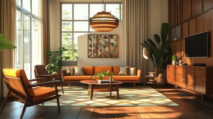 Wall Mural - A mid-century modern living room with a large window, a sofa, two armchairs, a coffee table, a rug, a large plant, a TV, a cabinet, and a lamp.