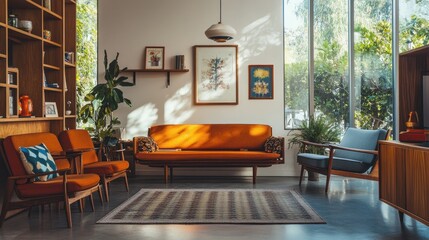 Wall Mural - A modern living room with a large window, an orange sofa, two armchairs, a rug, and a bookshelf.