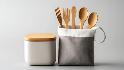 Wall Mural - Discover the benefits of a reusable lunch box with utensils in a cotton bag for sustainable eating on the go