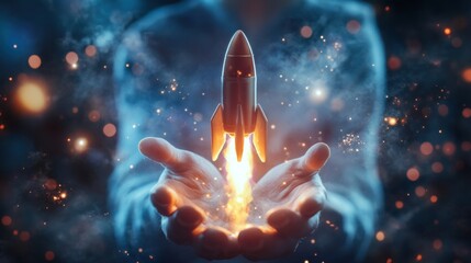 Wall Mural - a rocket launching from a person's open hands, surrounded by smoke and light, symbolizes progress an