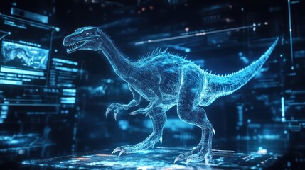 Wall Mural - a digital rendering of a dinosaur in a futuristic, technological setting, with blue glowing lines an