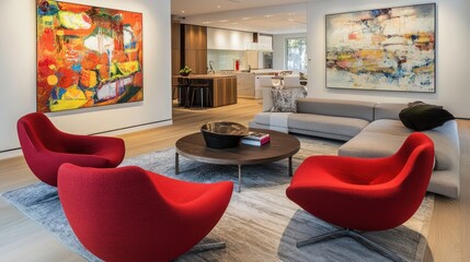 Wall Mural - Modern living room interior with red chairs, a coffee table, and two abstract paintings on the walls.