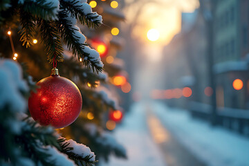 A winter Christmas tale on the festive streets of snowy Prague with decorated trees and walking couples.